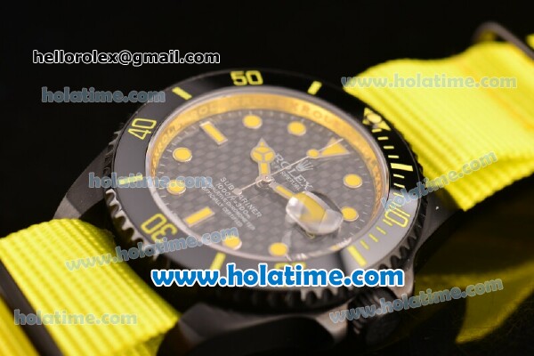 Rolex Submariner Asia 2813 Automatic PVD Case with Yellow Markers Carbon Fiber Dial and Yellow Nylon Strap - Click Image to Close